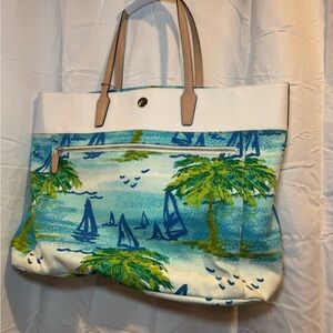 Vintage Coach Beach/Summer Bag with Tropical Print Tote Bag - White and Blue